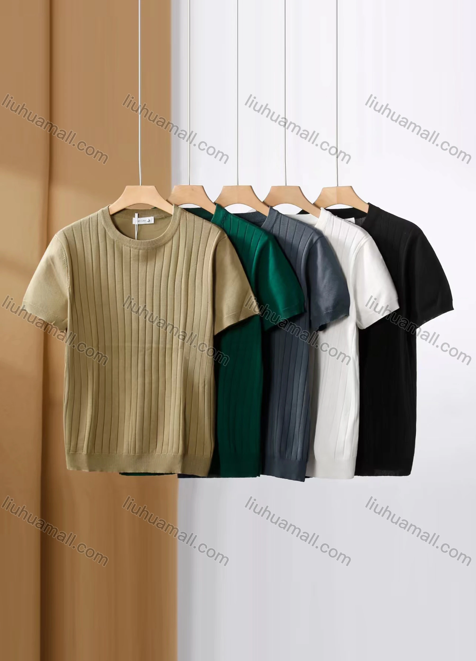 Wholesale Men's Casual Plain Ribbed Round Neck Short Sleeve T-shirts E75005# - Liuhuamall