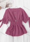 Wholesale Women's Casual V Neck Button Decor Shirred Plain Blouse - Liuhuamall