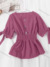 Wholesale Women's Casual V Neck Button Decor Shirred Plain Blouse, LIUHUA CLOTHING WHOLESALE