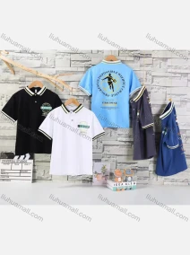 Wholesale Boy's Casual Letter Print & Graphic Striped Trim Short Sleeve Polo Shirt, LIUHUA CLOTHING WHOLESALE