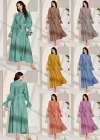 Wholesale Women's Fashion Plain Tie Neck Ruched Bishop Sleeve Ruffle Hem Maxi Dress With Belt - Liuhuamall