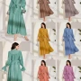 Wholesale Women's Fashion Plain Tie Neck Ruched Bishop Sleeve Ruffle Hem Maxi Dress With Belt preview