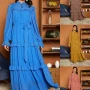 Wholesale Women's Casual Plain Tie Neck Ruffle Trim Long Sleeve Layered Ruffle Hem Maxi Dress With Belt preview