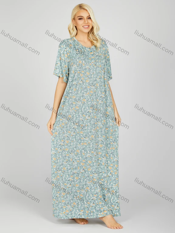 Wholesale Women's Milk Silk Ditsy Floral Crew Neck Ruched Pleated Button Front Lounge Short Sleeve Maxi Night Dress 1001#