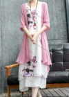 Wholesale Women's Elegant Crew Neck Half Sleeve Tiered Midi Dress & Cardigan Set - Liuhuamall