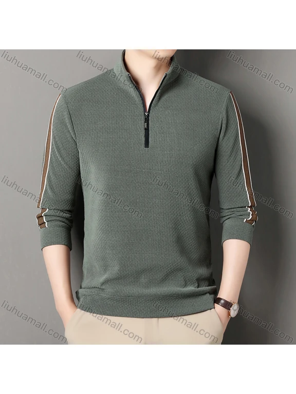 Wholesale Men's Casual Plain Stand Collar Quarter Zip Long Sleeve Henley Shirt D-68#