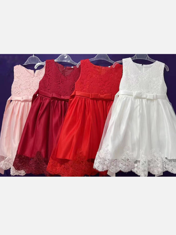 Girls Lovely Sleeveless Lace Embroidery Bow Knot Pleated Dress, Clothing Wholesale Market -LIUHUA, 