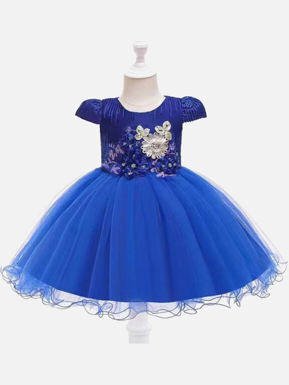 Girls Lovely Cap Sleeve Lace Embroidery 3D Floral Pleated Dress 24#, Clothing Wholesale Market -LIUHUA, KIDS-BABY, Girls-Clothing