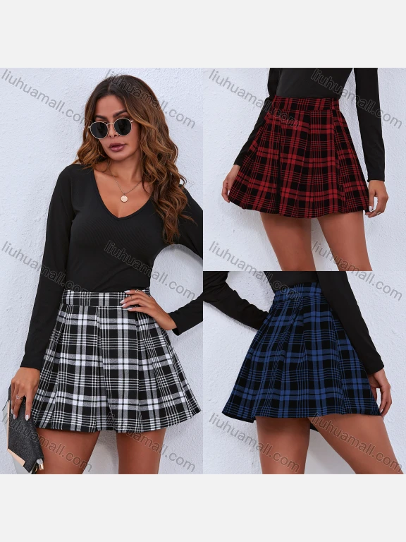 Wholesale Women's High Waist Elastic Plaid Print Pleated Mini Skirt K20048#