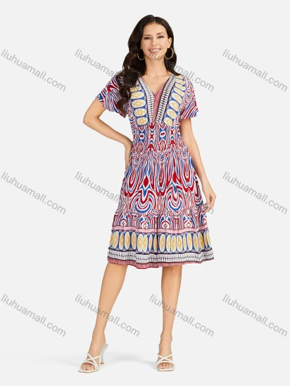 Wholesale Women's Boho V Neck Short Sleeve Allover Print A-line Dress 320-B#