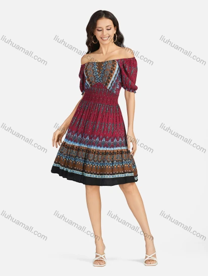 Wholesale Women's Boho Off Shoulder Short Sleeve Allover Print A-line Dress 320-4#
