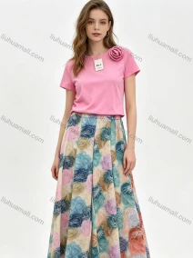 Wholesale Women's 3D Flower Knit T-Shirt + Floral Print Wide Leg Pants 2 Piece Set, LIUHUA CLOTHING WHOLESALE