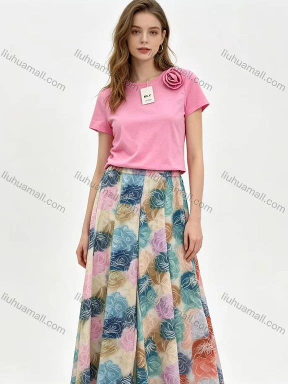 Wholesale Women's 3D Flower Knit T-Shirt + Floral Print Wide Leg Pants 2 Piece Set