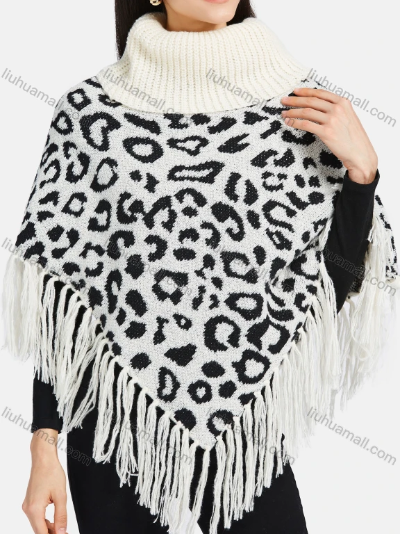 Wholesale Women's High Neck Knitted Leopard Print Fringe Trim Bandana Hem Poncho