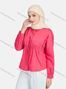 Wholesale Women's Casual Plain Collared Long Sleeve Button Down Curved Hem Peplum Shirts 1395-Red#, LIUHUA CLOTHING WHOLESALE