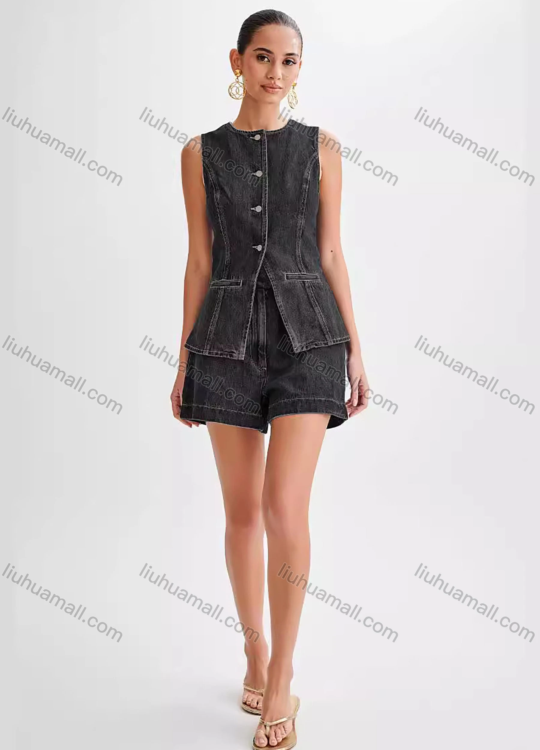 Wholesale Women's Denim Round Neck Plain Button Down Patch Pocket Split Hem Tank Top & Shorts 2 Piece Set - Liuhuamall