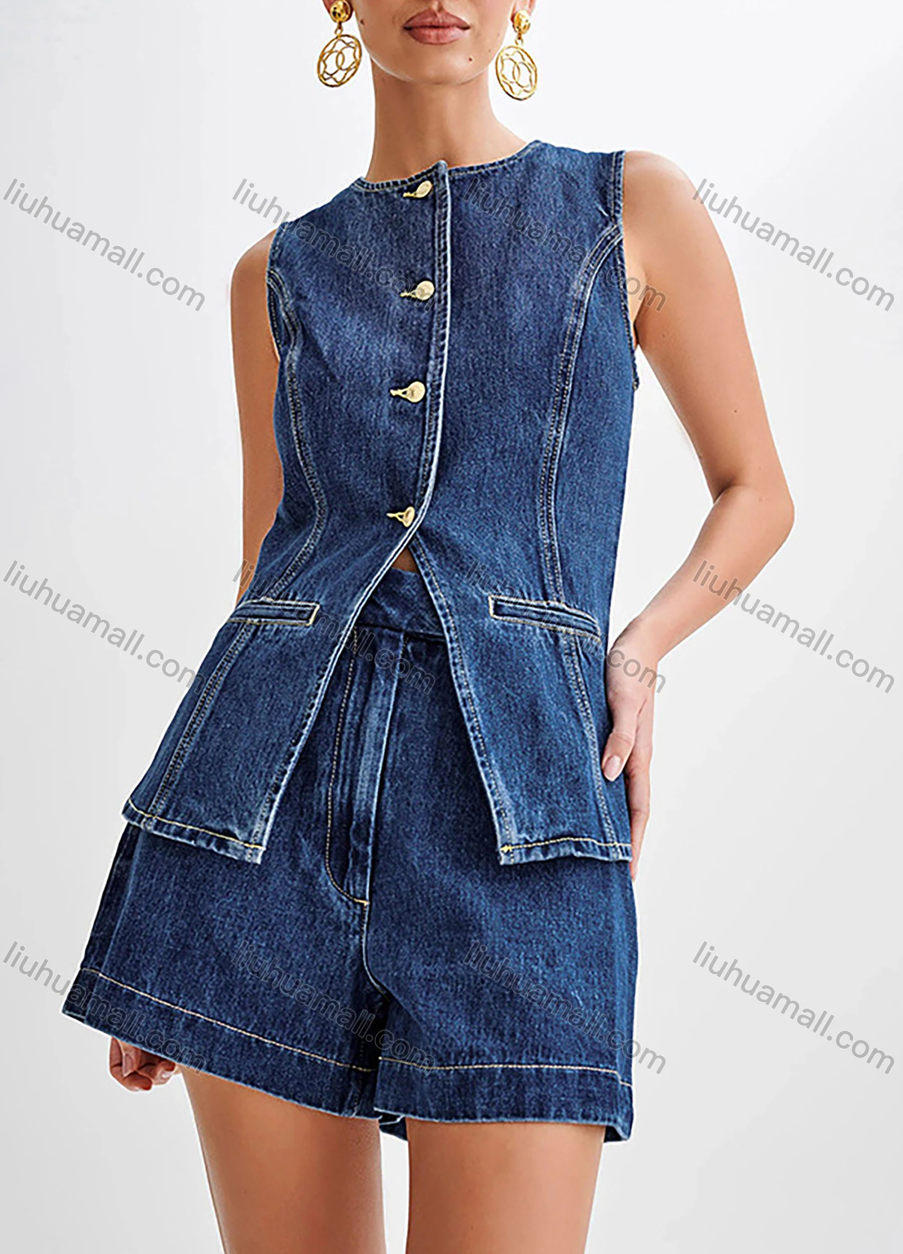 Wholesale Women's Denim Round Neck Plain Button Down Patch Pocket Split Hem Tank Top & Shorts 2 Piece Set - Liuhuamall