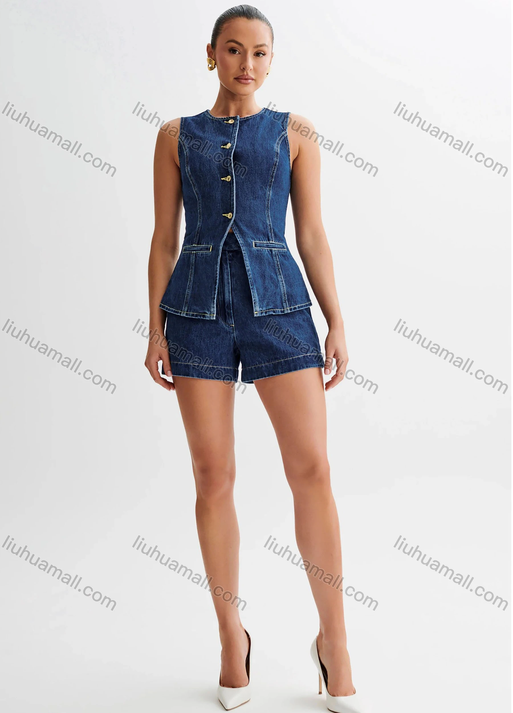 Wholesale Women's Denim Round Neck Plain Button Down Patch Pocket Split Hem Tank Top & Shorts 2 Piece Set - Liuhuamall