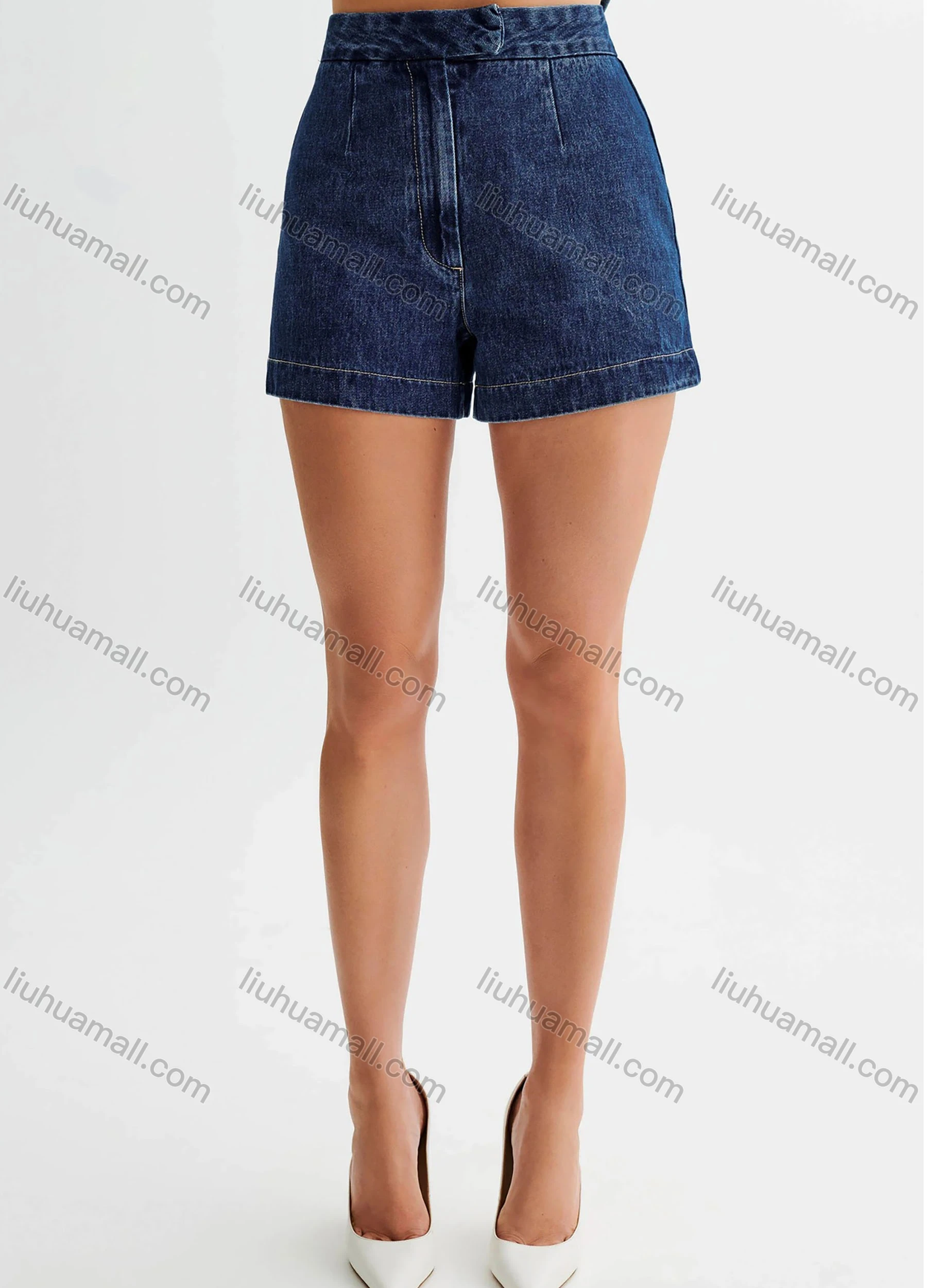 Wholesale Women's Denim Round Neck Plain Button Down Patch Pocket Split Hem Tank Top & Shorts 2 Piece Set - Liuhuamall