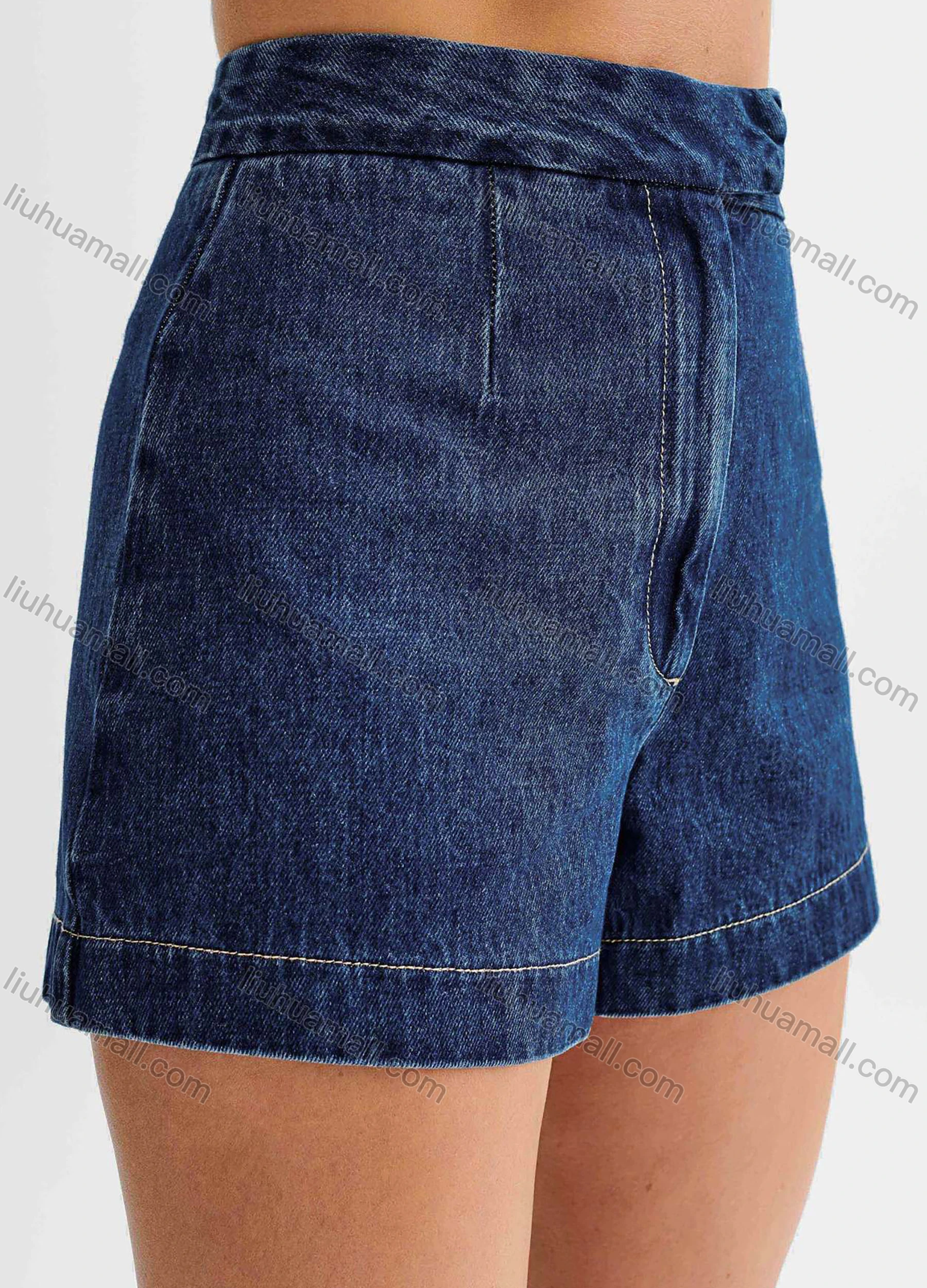 Wholesale Women's Denim Round Neck Plain Button Down Patch Pocket Split Hem Tank Top & Shorts 2 Piece Set - Liuhuamall