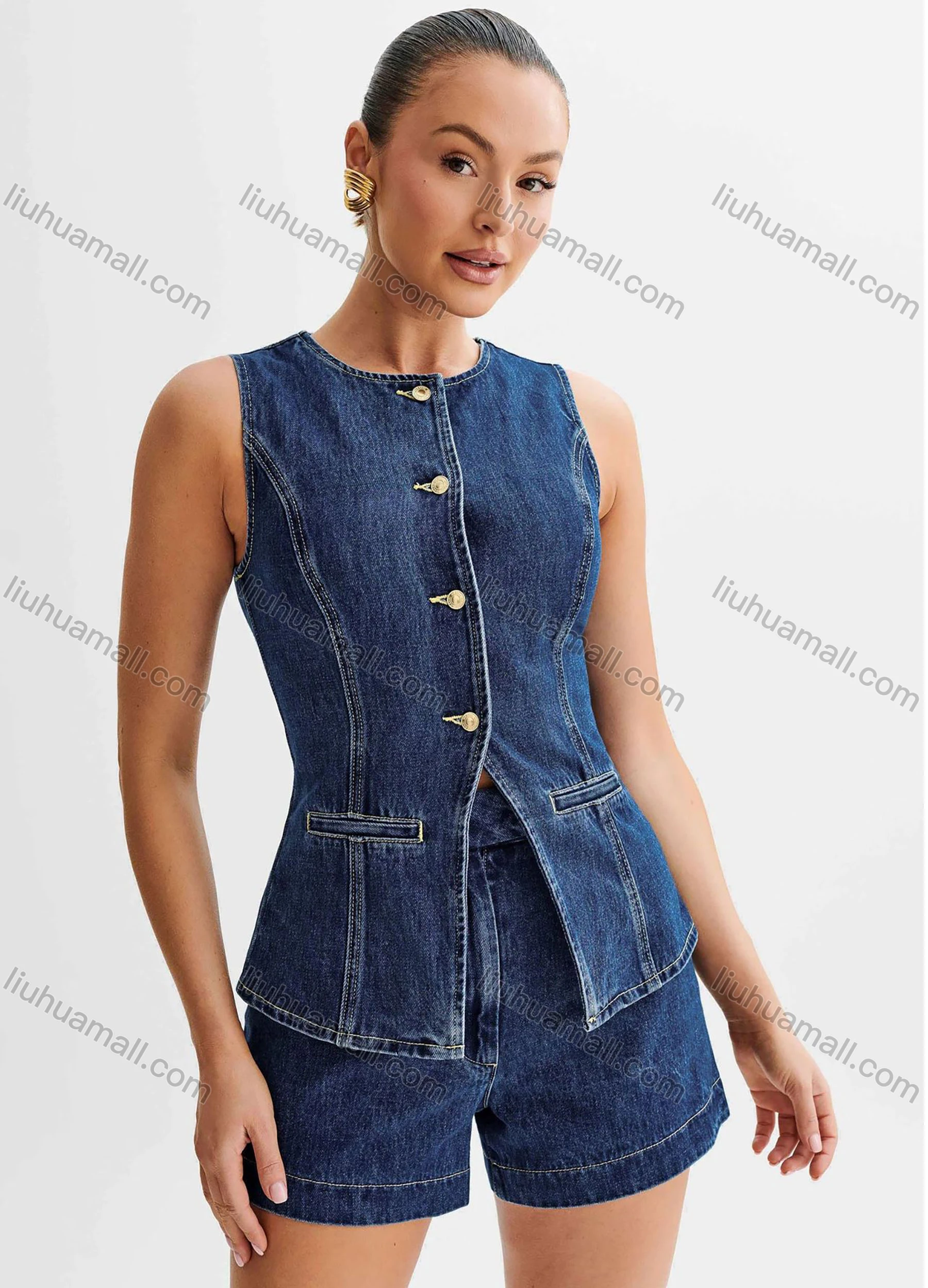 Wholesale Women's Denim Round Neck Plain Button Down Patch Pocket Split Hem Tank Top & Shorts 2 Piece Set - Liuhuamall