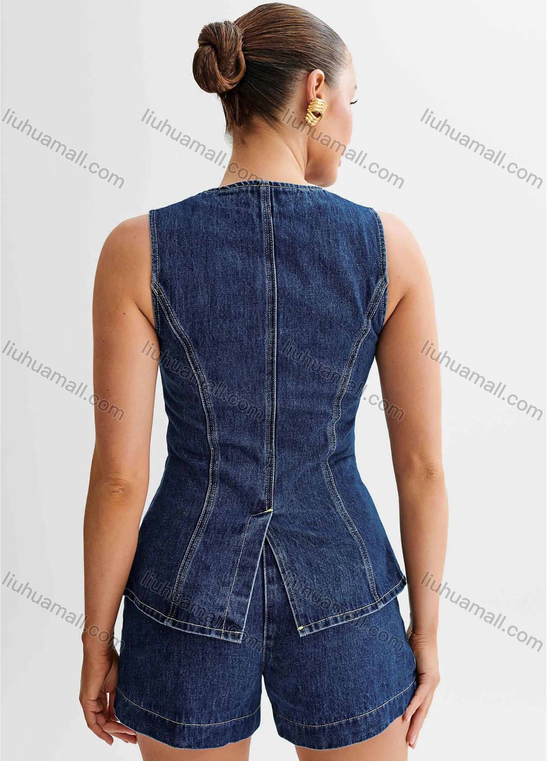 Wholesale Women's Denim Round Neck Plain Button Down Patch Pocket Split Hem Tank Top & Shorts 2 Piece Set - Liuhuamall