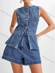 Wholesale Women's Denim Round Neck Plain Button Down Patch Pocket Split Hem Tank Top & Shorts 2 Piece Set, LIUHUA CLOTHING WHOLESALE