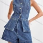Wholesale Women's Denim Round Neck Plain Button Down Patch Pocket Split Hem Tank Top & Shorts 2 Piece Set preview