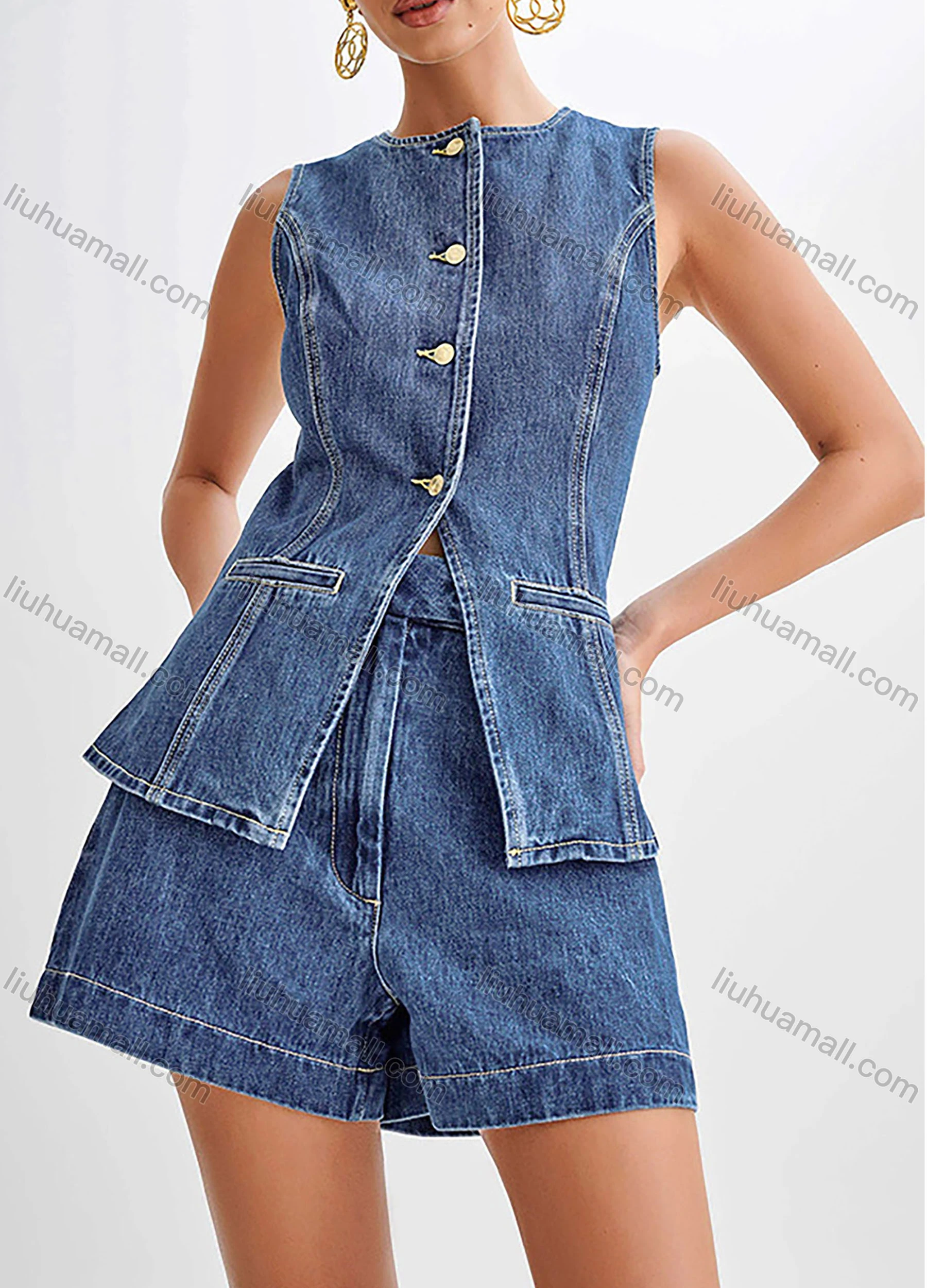 Wholesale Women's Denim Round Neck Plain Button Down Patch Pocket Split Hem Tank Top & Shorts 2 Piece Set - Liuhuamall