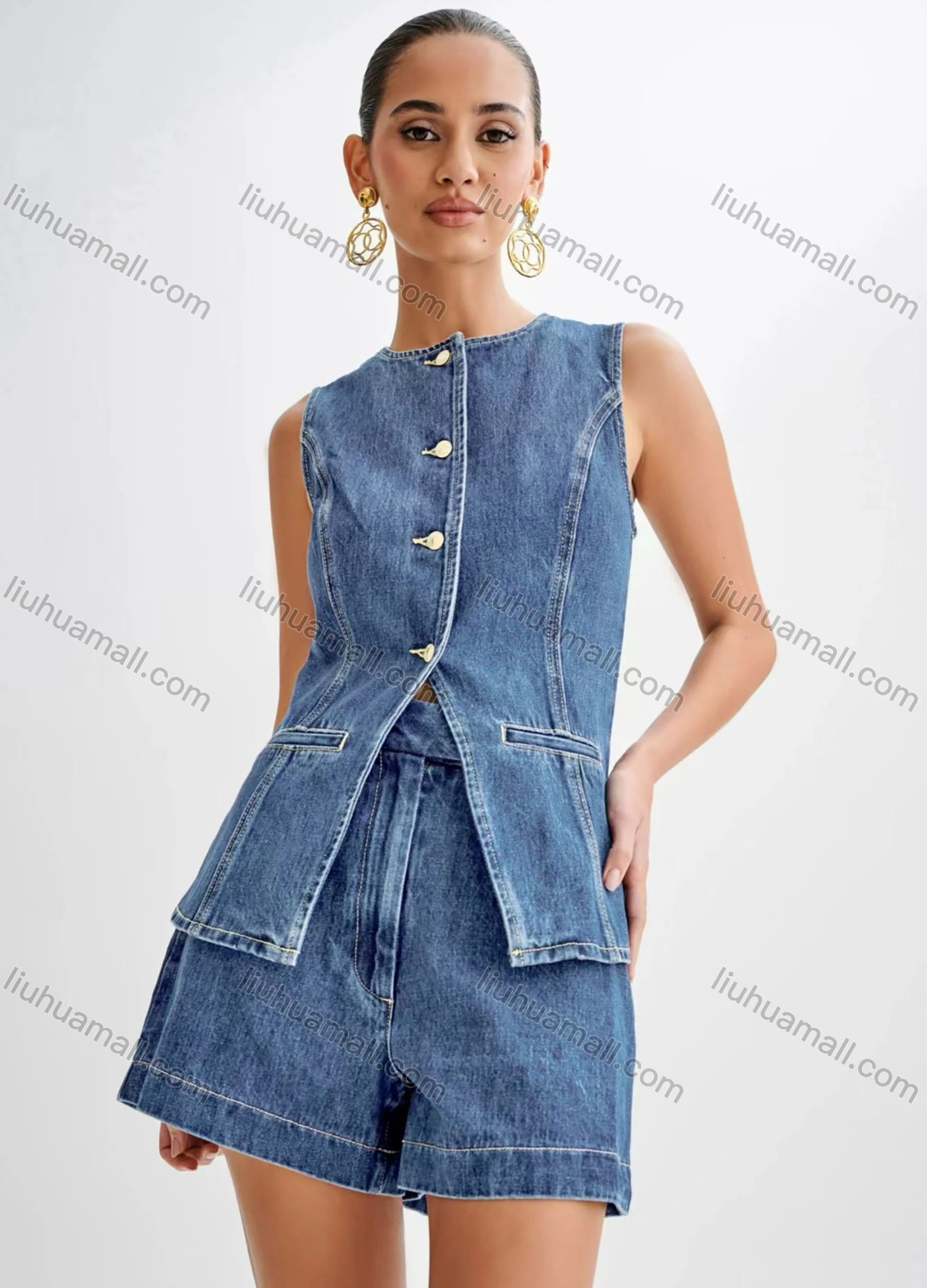 Wholesale Women's Denim Round Neck Plain Button Down Patch Pocket Split Hem Tank Top & Shorts 2 Piece Set - Liuhuamall