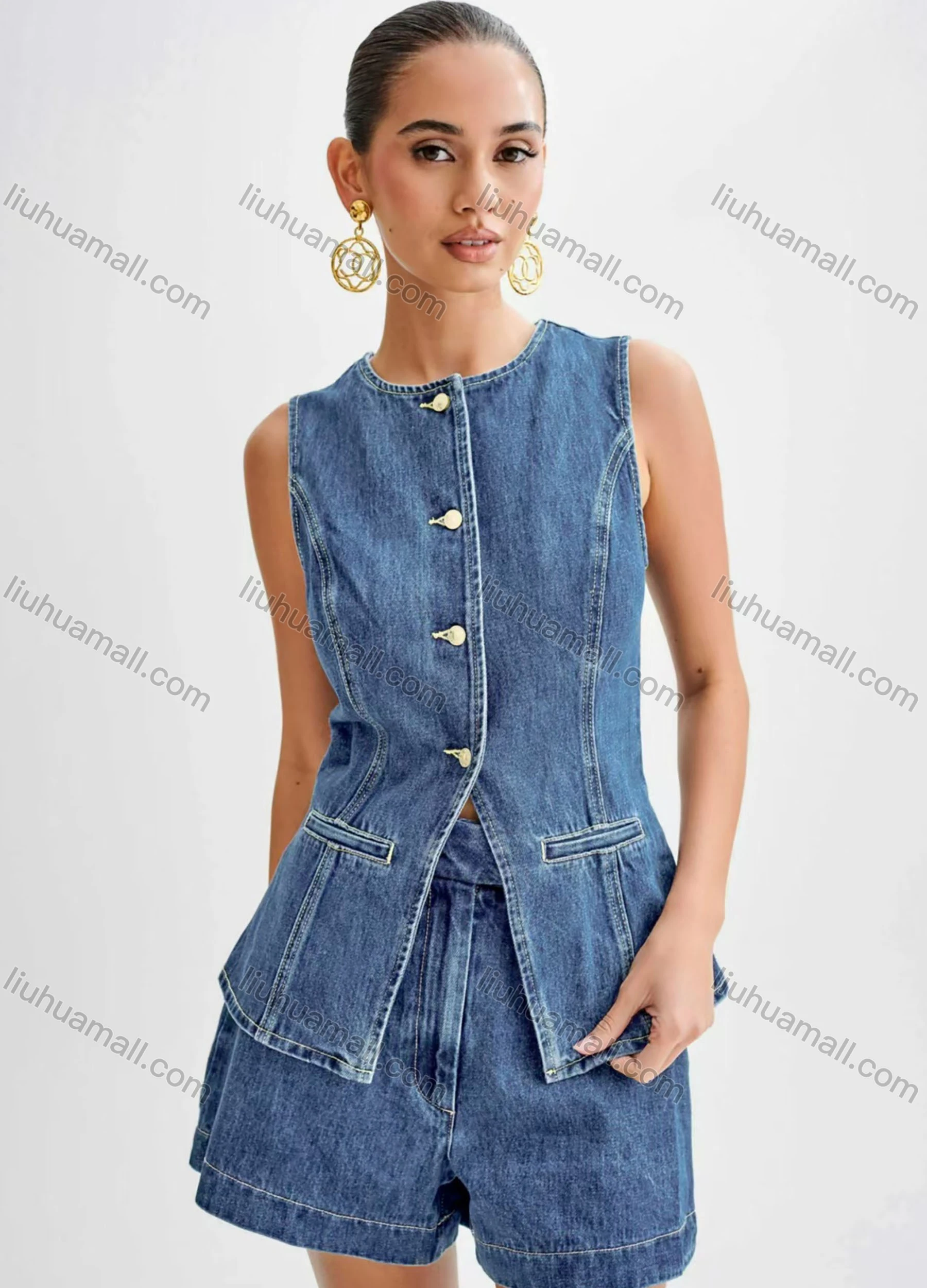 Wholesale Women's Denim Round Neck Plain Button Down Patch Pocket Split Hem Tank Top & Shorts 2 Piece Set - Liuhuamall