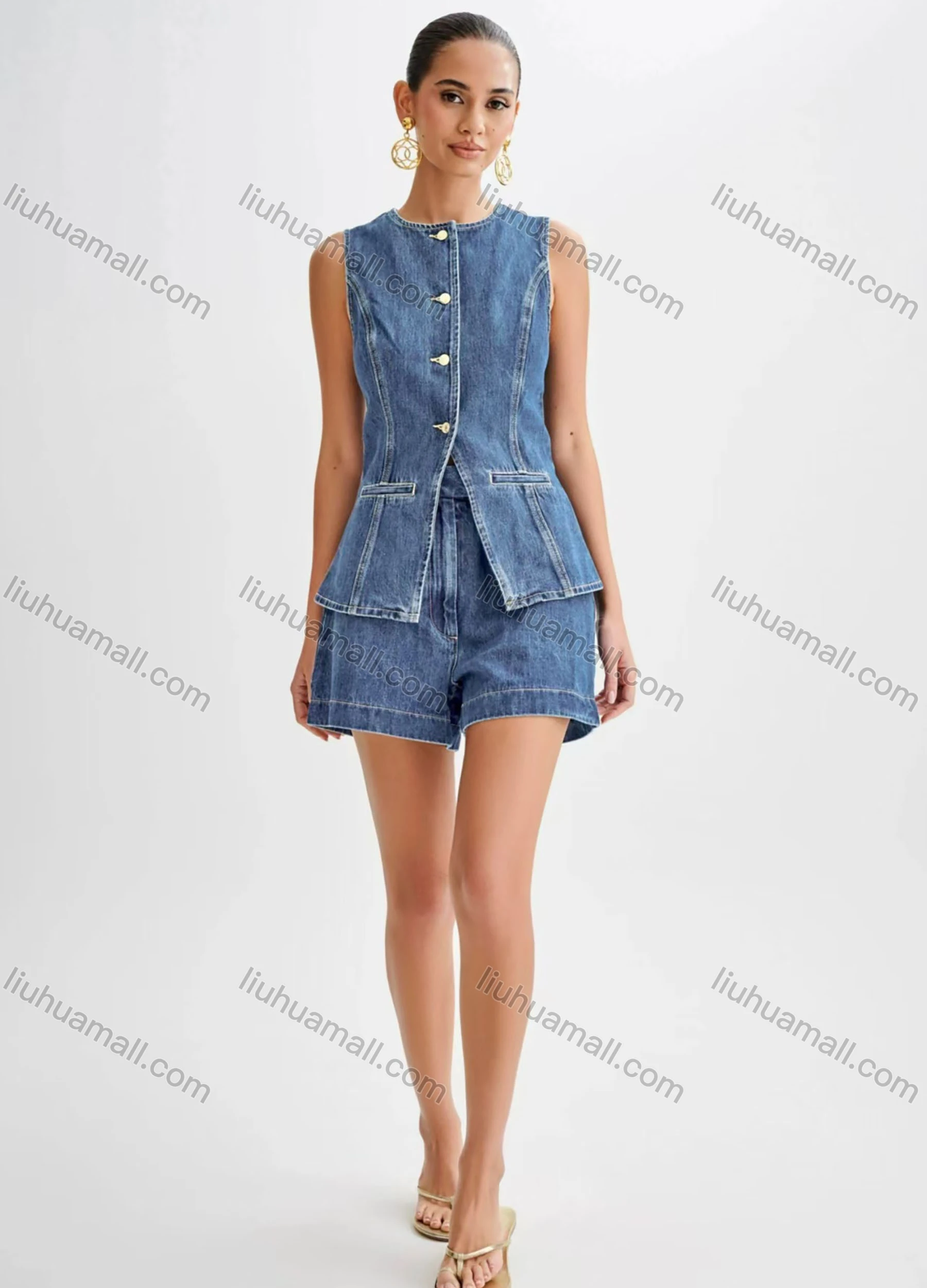 Wholesale Women's Denim Round Neck Plain Button Down Patch Pocket Split Hem Tank Top & Shorts 2 Piece Set - Liuhuamall