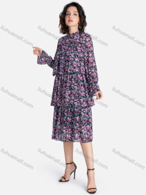 Wholesale Women's Casual Floral Print Mock Neck Long Sleeve Layered Ruffle Hem Midi Dress, LIUHUA CLOTHING WHOLESALE