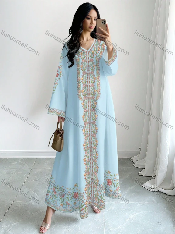Wholesale 2026 Spring Summer Autumn Women Floral Print V-Neck Flared Loose Casual Long Dress