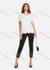 Wholesale Women's Casual Plain Pearl Decor Embroidery Scallop Hem Tee & Lace Splicing Cropped Pant Set - Liuhuamall
