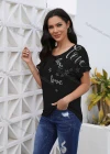 Wholesale Women's Casual Rhinestone Scoop Neck Short Sleeve Blouse - Liuhuamall