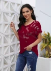 Wholesale Women's Casual Rhinestone Scoop Neck Short Sleeve Blouse - Liuhuamall