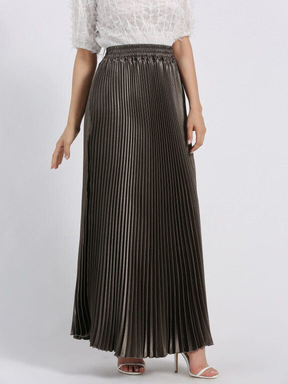 Women's Elegant Satin Plain Pleated Maxi Skirt, Clothing Wholesale Market -LIUHUA, Skirts