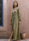Wholesale Women's Vintage Plain Deep V Neck Button Down Split Hem Maxi Dress - Liuhuamall