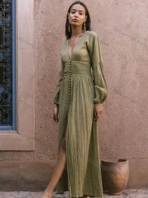 Wholesale Women's Vintage Plain Deep V Neck Button Down Split Hem Maxi Dress, LIUHUA CLOTHING WHOLESALE