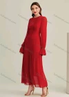 Wholesale Women's Casual Plain Round Neck Long Sleeve Ruched Ruffle Hem Maxi Dress - Liuhuamall