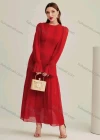 Wholesale Women's Casual Plain Round Neck Long Sleeve Ruched Ruffle Hem Maxi Dress - Liuhuamall