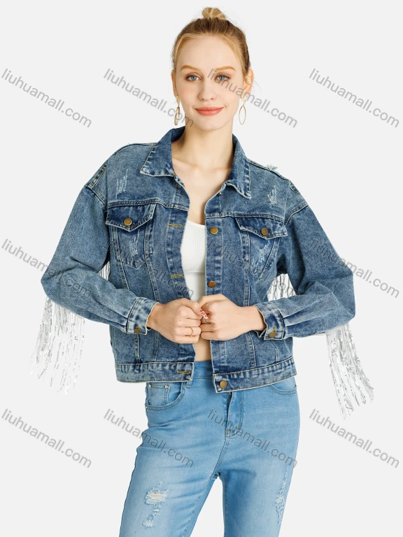 Wholesale Women's Fashion Sequin Tassel Decor Frayed Raw Flap Pockets CowGirls Crop Denim Jacket