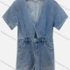 Wholesale Women's Fashion Short Sleeve Deep V Neck One Button Hollow Out Denim Romper Dark Blue Clothing Wholesale Market Liuhua