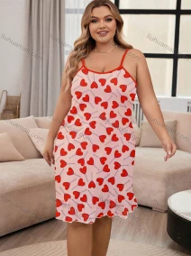 Wholesale Women's Milk Silk Allover Heart Print Spaghetti Strap Lettuce Trim Cami Lounge Nightdress DM1106-01#, LIUHUA CLOTHING WHOLESALE