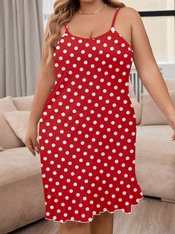 Women's Milk Silk Allover Polka Dot Print Spaghetti Strap Lettuce Trim Cami Lounge Nightdress DM1106#, Clothing Wholesale Market -LIUHUA, Women, Dress