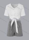Wholesale Women's V-neck Button Front Ties Shirt & Grid Print Shorts Set - Liuhuamall