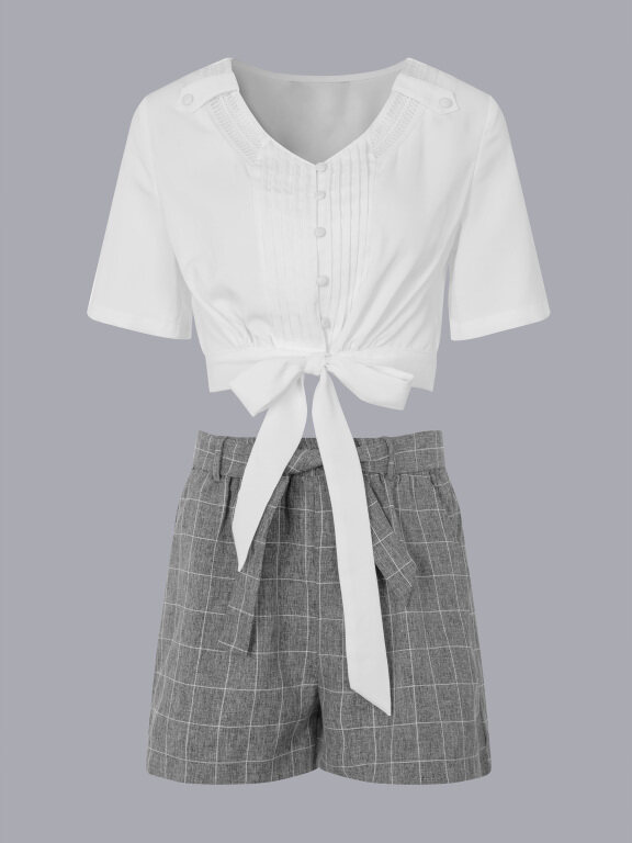 Women's V-neck Button Front Ties Shirt & Grid Print Shorts Set, Clothing Wholesale Market -LIUHUA, All Categories