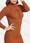 Wholesale Women's Turtleneck High Neck Lace Up Pearl Decor Bodycon Knit Dress 2192# - Liuhuamall