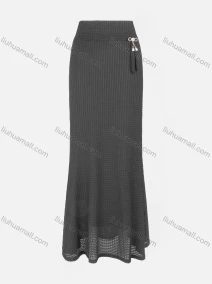 Wholesale Women's Casual Plain Elastic Waist Pearl Buckle Decor Waffle Knit Maxi Skirt, LIUHUA CLOTHING WHOLESALE